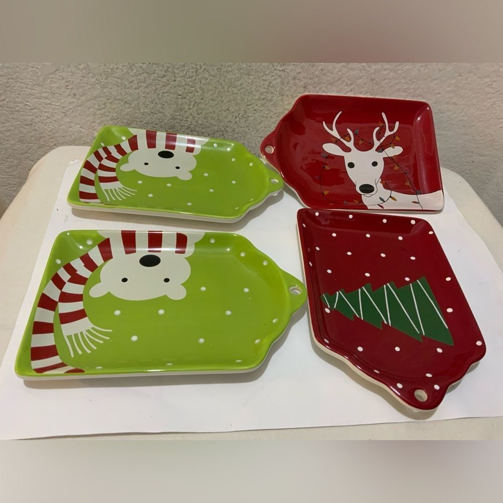 NEW Reindeer snowman Mesa Home Products Ceramic Serving Tray Red green Christmas
